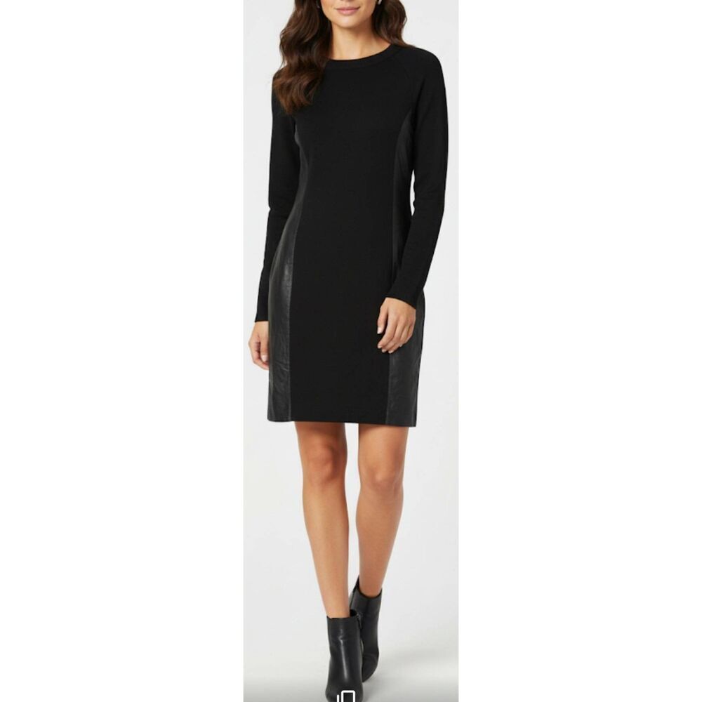 Susan Monaco womens small sweater dress lamb leather fine wool patchwork black